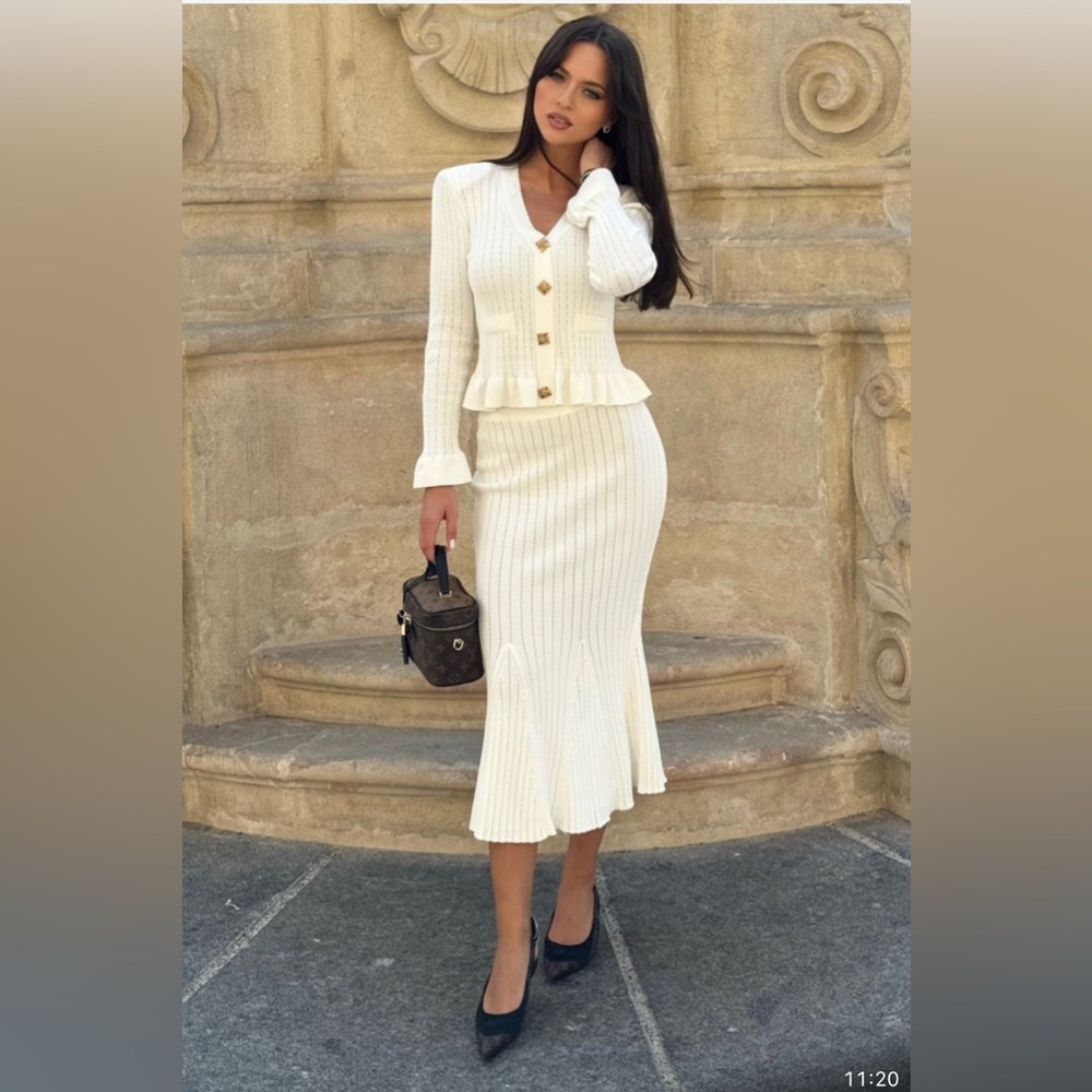 White Jeweled Ruffled Knit Top and Flared Skirt Set